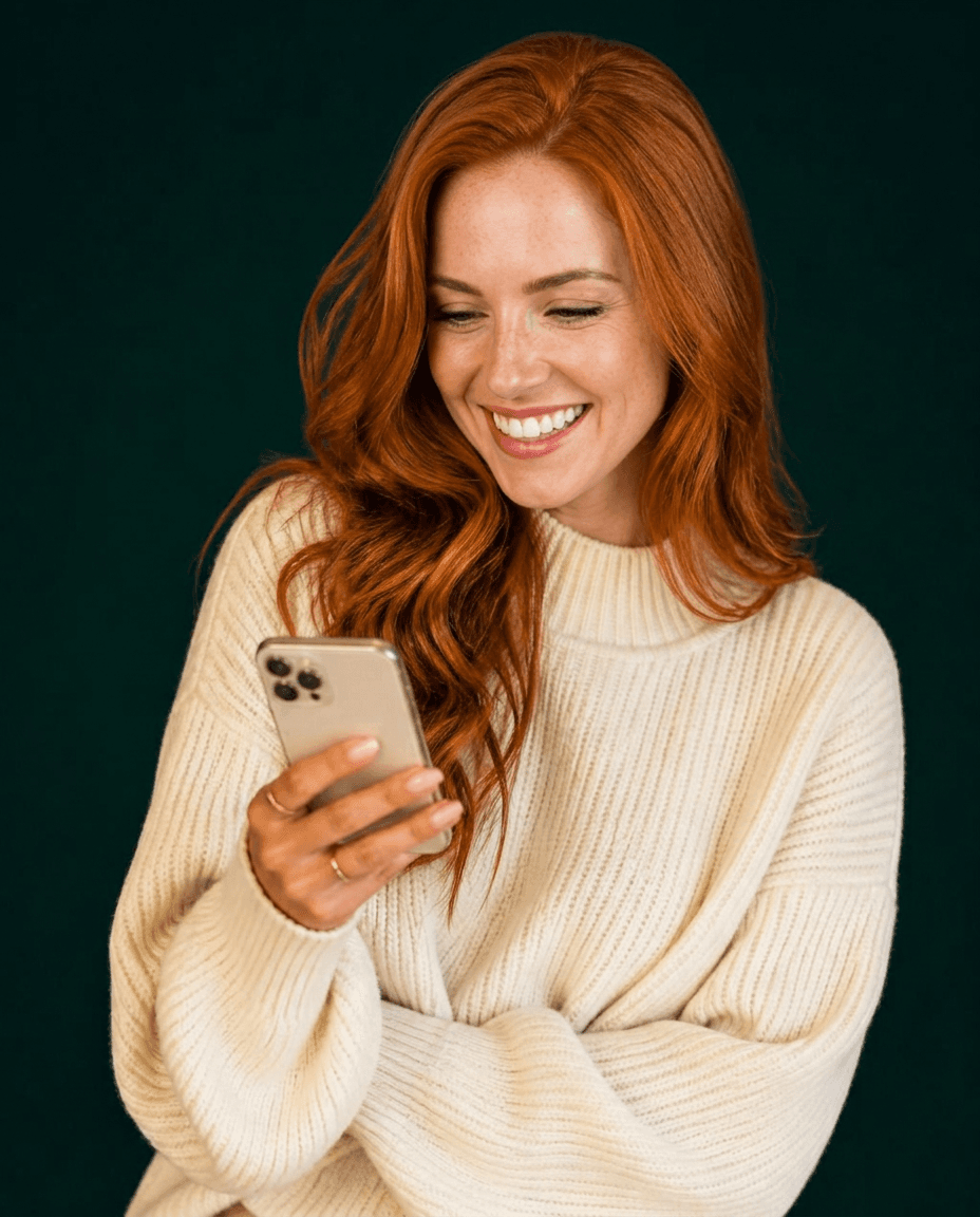 Woman with red hair smiling at her phone